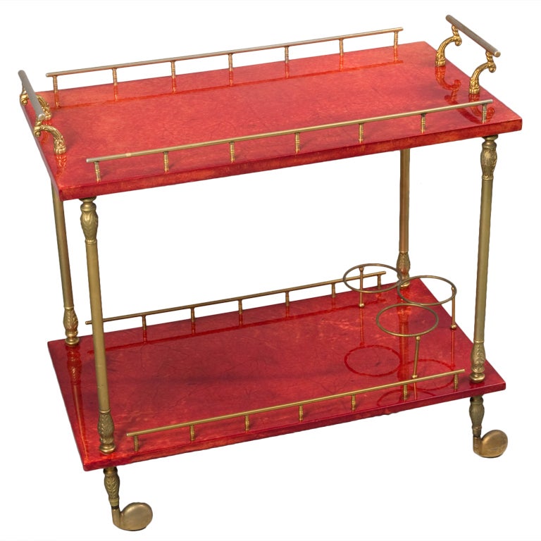 Two Tier Dark Red Goat Skin Serving Cart by Aldo Tura