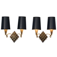 Pair of Two Arm Bronze Crosshatch Wall Sconces