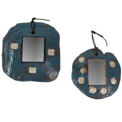 Blue Glazed Ceramic Mirrors by Juliette Derel, Set of Two
