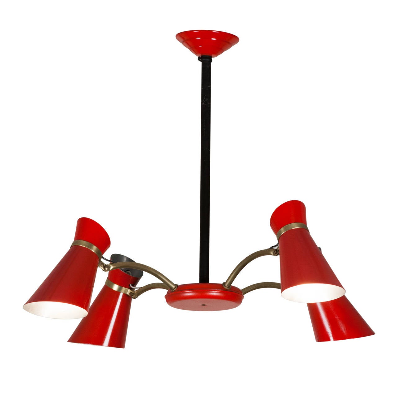 Lacquered metal and brass four-light chandeliers, the shades and central disc in bright red, each shade with three bands of perforations, and each shade adjustable with a hinge joint. French, 1950s. Diameter 26 in, overall height 20 in, diameter of