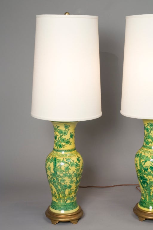 American Green and Yellow Chinese Ceramic Urn Form Table Lamps