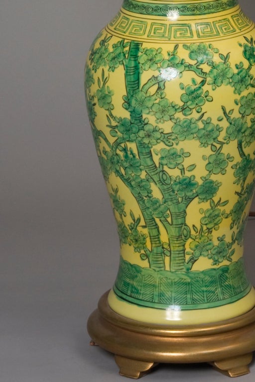 Mid-20th Century Green and Yellow Chinese Ceramic Urn Form Table Lamps