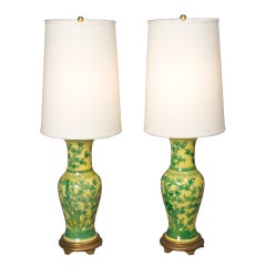 Green and Yellow Chinese Ceramic Urn Form Table Lamps