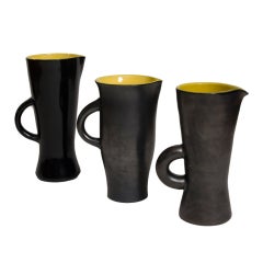 Set of Three Black Glazed Ceramic Pitchers by Elchinger