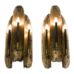 Pair of Flame Metal Three Light Sconces by Greene