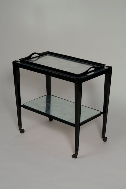 French Two Tier Black Lacquer and Silver Leafed Serving Cart