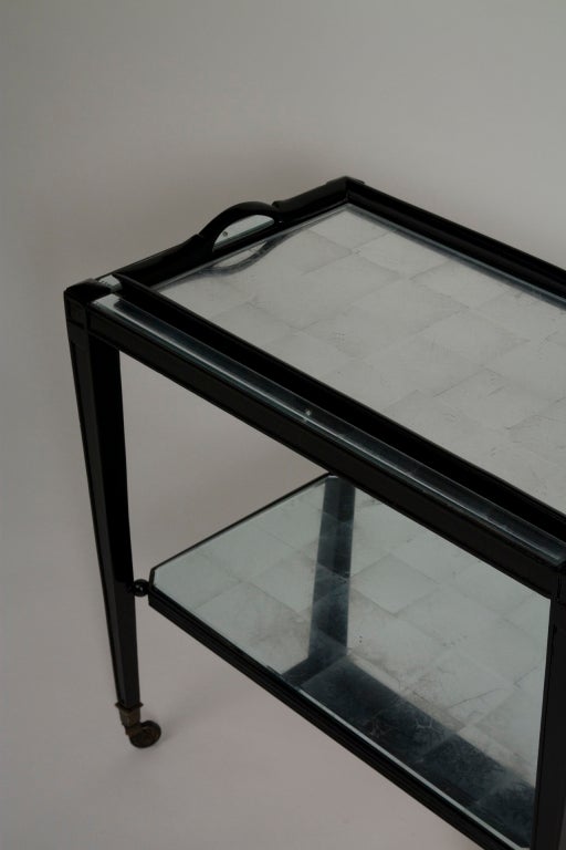 Two Tier Black Lacquer and Silver Leafed Serving Cart In Excellent Condition In Brooklyn, NY