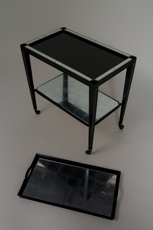 Mid-20th Century Two Tier Black Lacquer and Silver Leafed Serving Cart