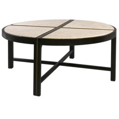 Walnut Circular Low Table with Travertine Top by Tommi Parzinger