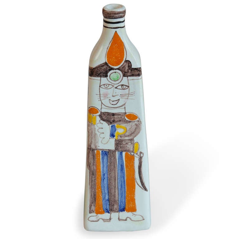 Napoleonic cat decorated ceramic vase, white background with colorful figurative decoration, bottle form, by Giovanni Desimone, Italian, 1960s. Height 12 1/2 in, width 3 1/2 in, depth 2 3/4 in. Signed to underside 