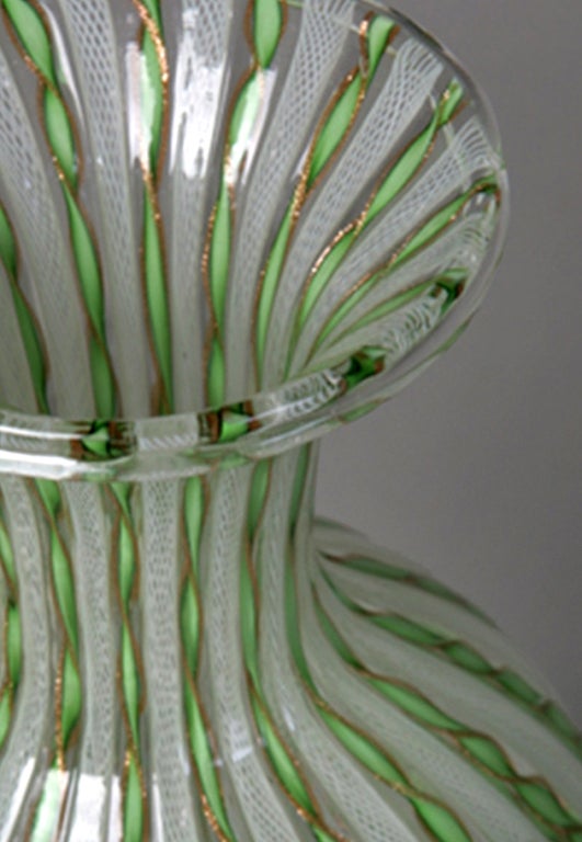 Italian Pair of Bulbous Form Flared Rim Zanfirico Glass Vases by AVEM