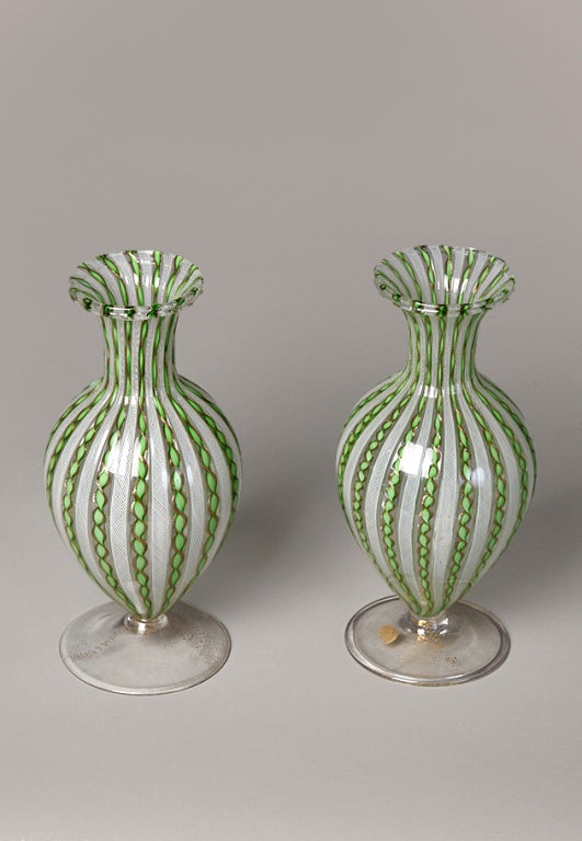 Pair of Bulbous Form Flared Rim Zanfirico Glass Vases by AVEM In Excellent Condition In Brooklyn, NY