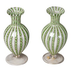 Pair of Bulbous Form Flared Rim Zanfirico Glass Vases by AVEM