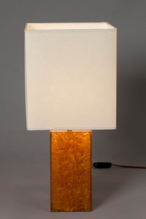 French Fractal Orange Resin Square Table Lamp by Giraudon