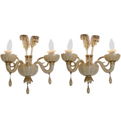 Pair of Two Arm Murano Glass Sconces by Veronese