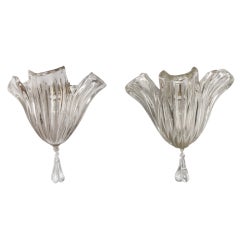 Pair of Large Clear Glass Shell Form Wall Sconces by Barovier
