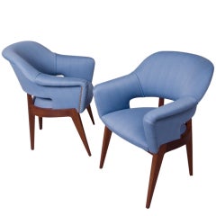 Pair of Oak "Compass" Base Upholstered Armchairs by Ramos