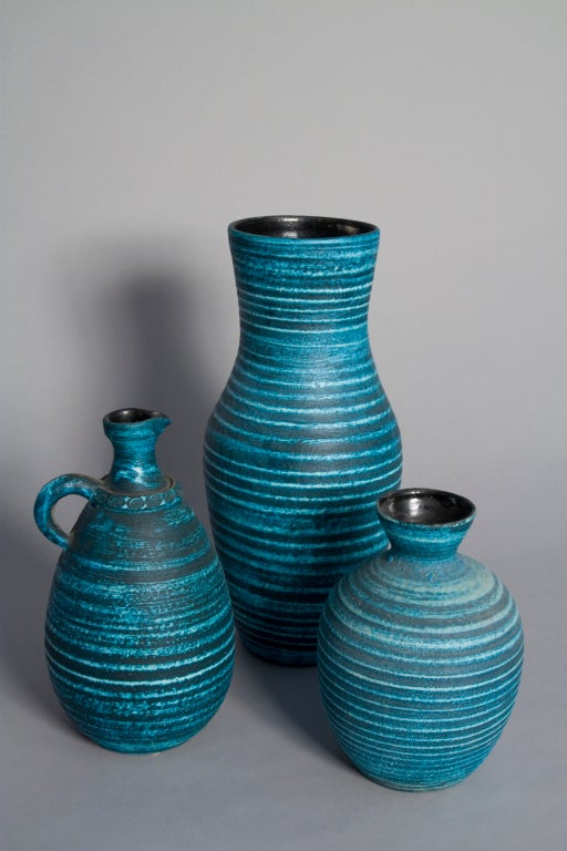 French Set of Three Blue Banded Ceramic Vases by Accolay