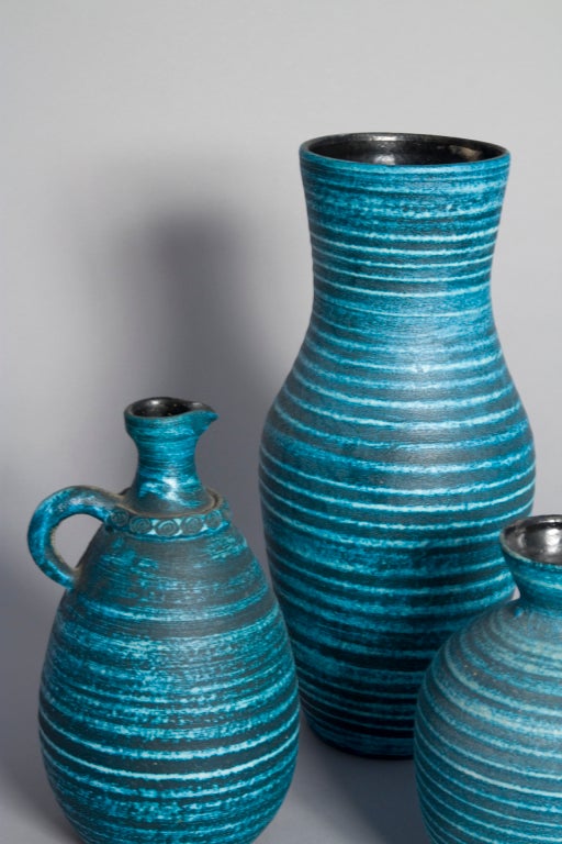Set of Three Blue Banded Ceramic Vases by Accolay In Excellent Condition In Brooklyn, NY