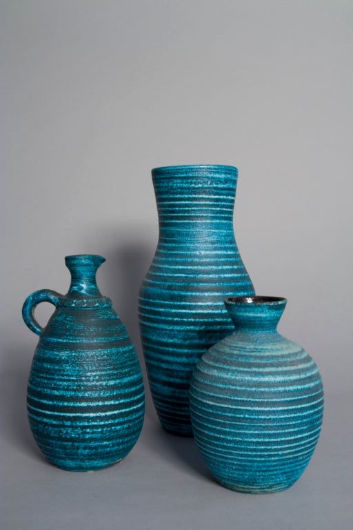 Mid-20th Century Set of Three Blue Banded Ceramic Vases by Accolay