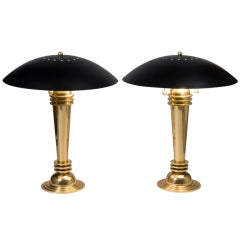 Pair of Brass Column Black Shade Table or Desk Lamps Pair of Brass Column Black Shade Table or Desk Lamps