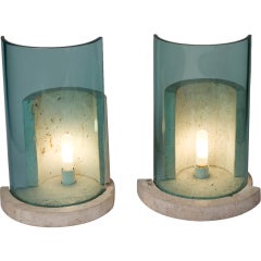 Pair of Tinted Glass and Travertine Lamps