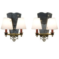 Pair of Two Arm Mirror Back French Star Wall Sconces
