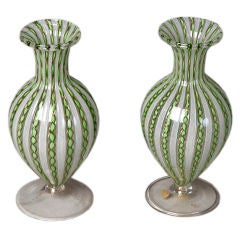 Pair of Bulbous Form Flaired Rim Zanfirico Glass Vases by AVEM