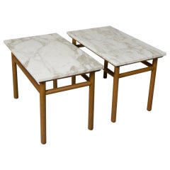 Pair of Walnut Dowel Frame Marble Top End Tables by Gibbings