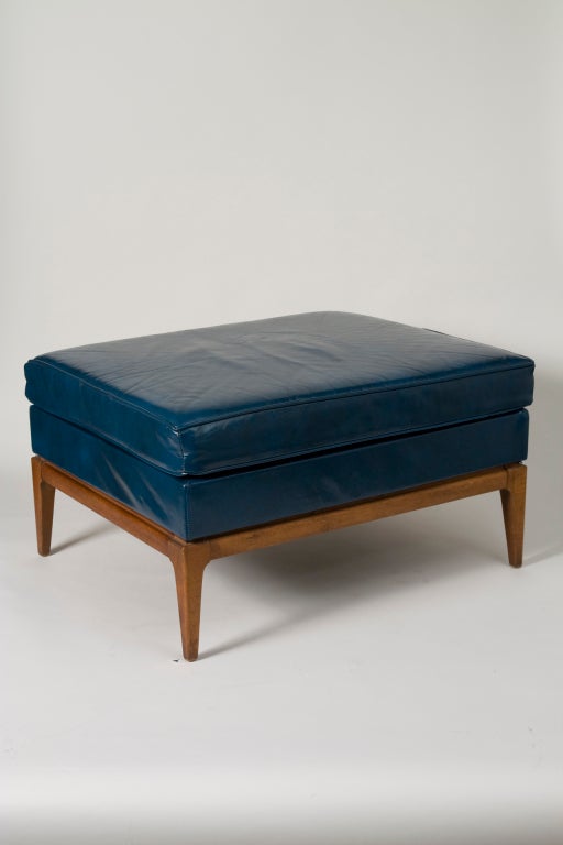 Slate Blue Leather Upholstered Ottoman at 1stdibs