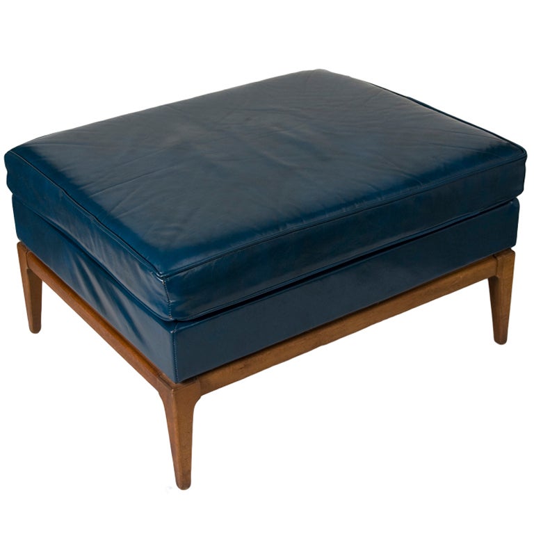 Slate Blue Leather Upholstered Ottoman at 1stDibs