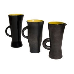 Set of Three Black Glazed Ceramic Pitchers by Elchinger