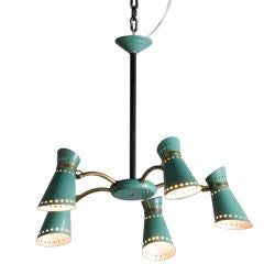 French 1950s Pale Blue Lacquered Metal Five Arm Chandelier