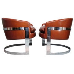 Pair Handsome Chrome and Leather Lounge Chairs by Milo Baughman