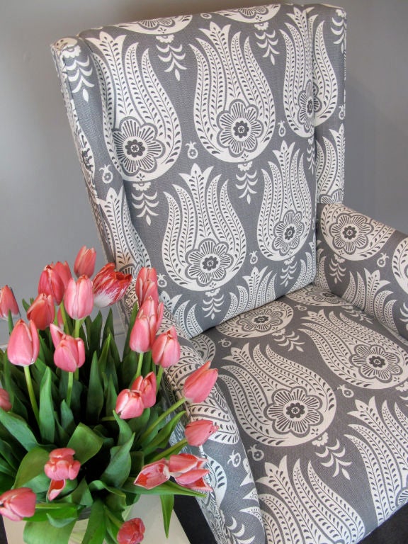 Pair of High Wing Back Chairs in a Matt Murphy Studio Fabric 1
