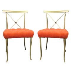 Glamorous Pair X-Back Brass Side Chairs with Tufted Seats