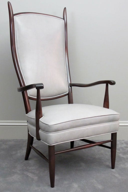 American Pair of Dramatic High Back Chairs in Grey Leather