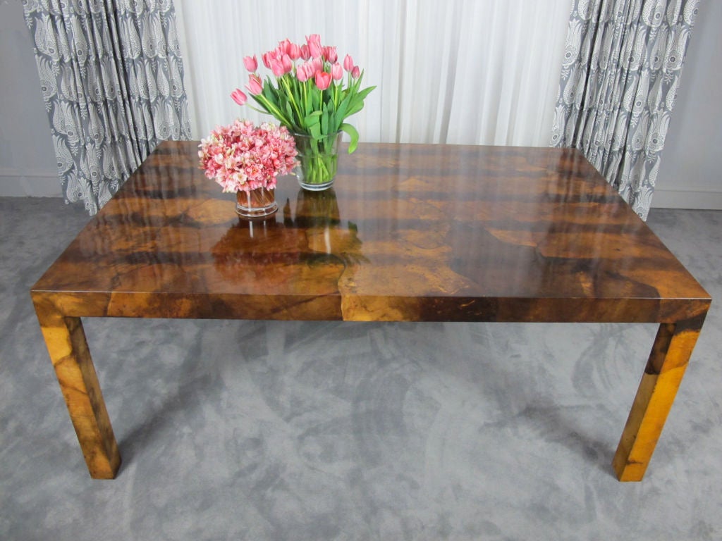 Mid-Century Modern Parchment Parsons Style Dining Table For Sale