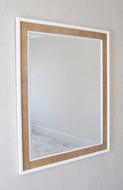 American A Custom Ivory Lacquer and Cerused Oak Mirror For Sale