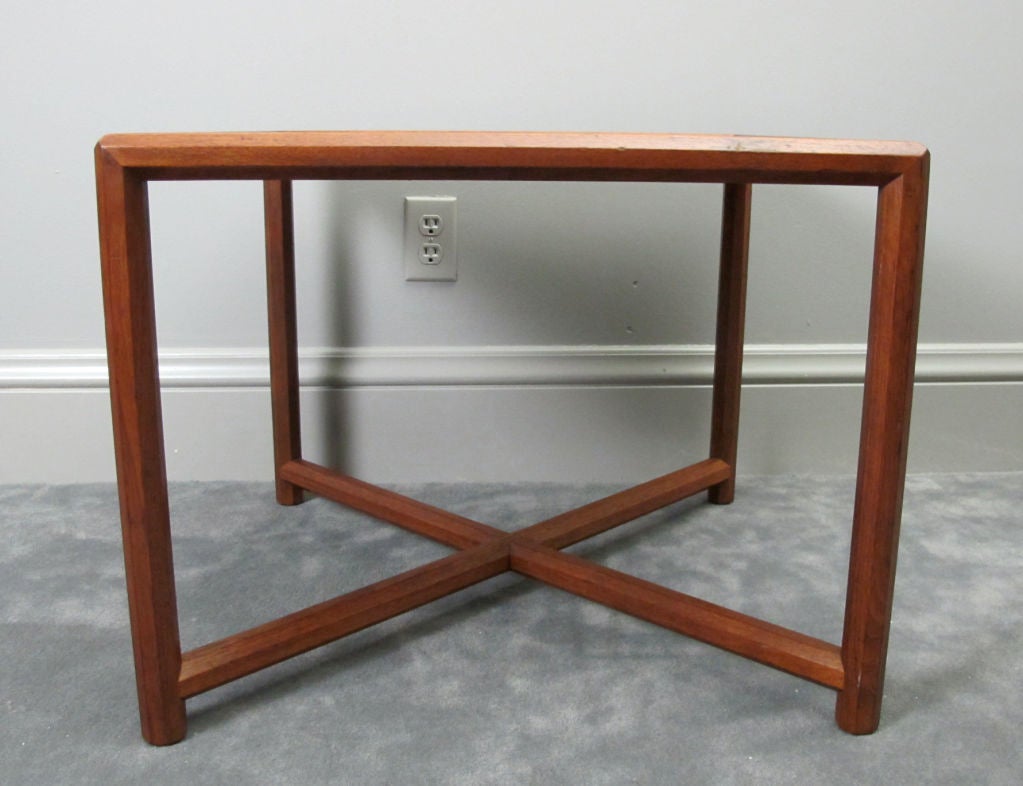 A nice form from Dunbar's esteemed Janus collection.  This model has a laminate top, which closely matches the walnut wood finish.  In nice vintage condition.