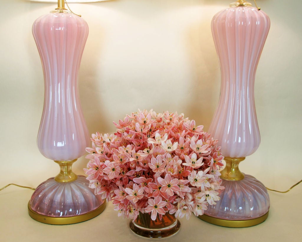 20th Century Pair of Monumental Italian Pink Murano Glass Lamps For Sale