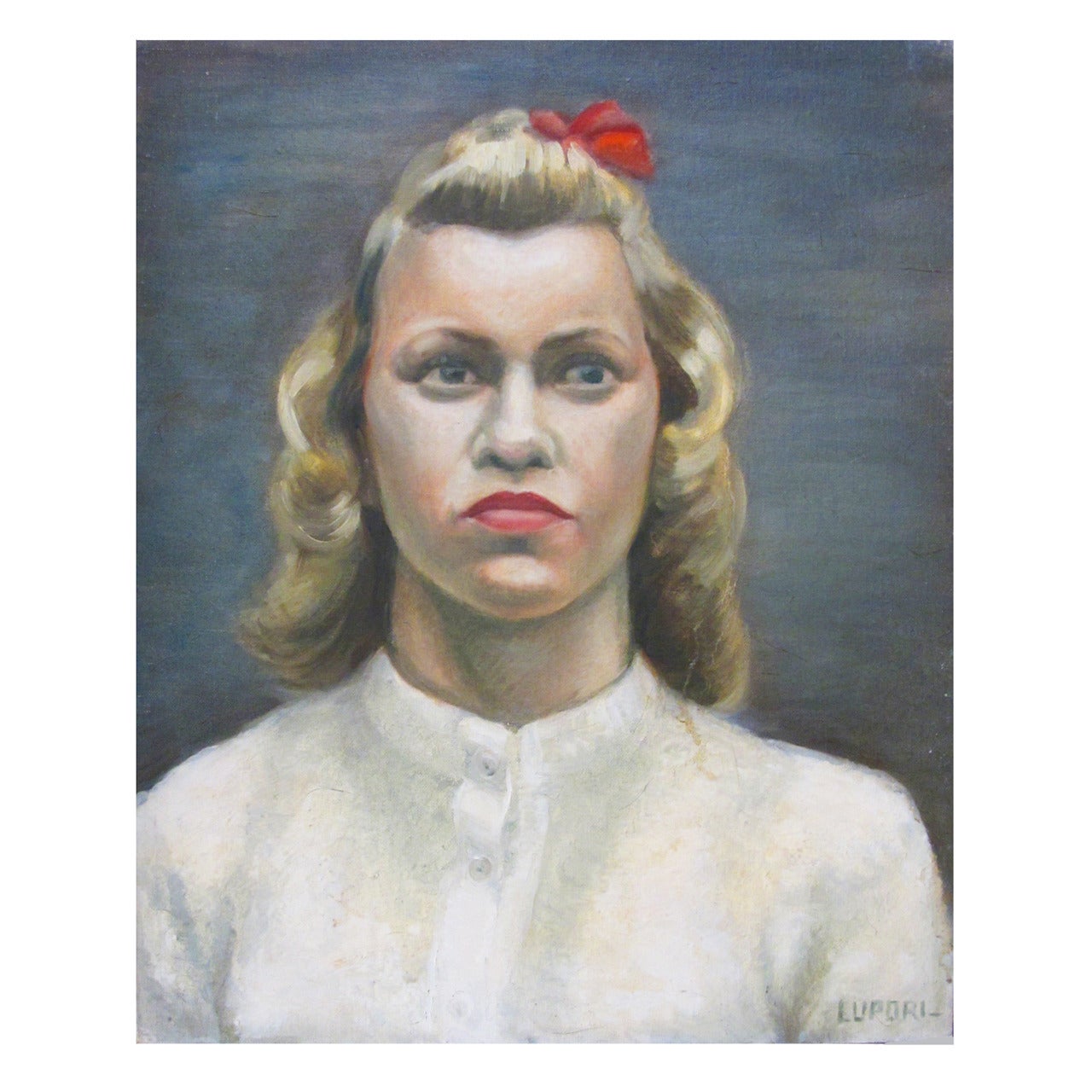 Portrait of a Lady with Red Bow by Peter Lupori, circa 1940 For Sale