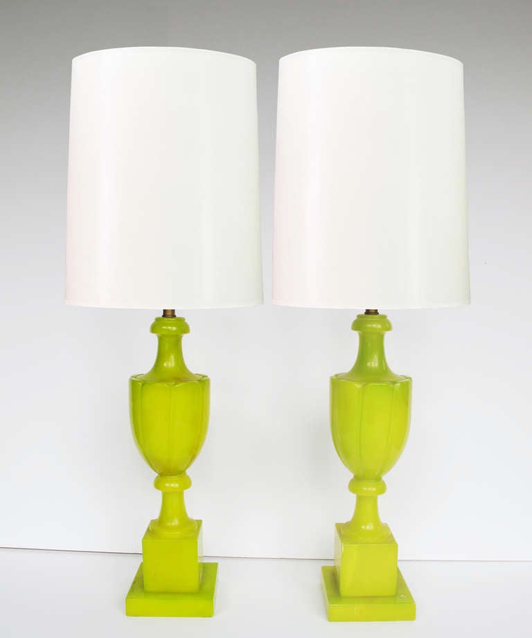 Mid-Century Modern Pair of Citron Alabaster Lamps