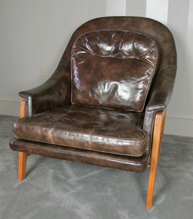 Wood Edward Wormley for Dunbar Leather Janus Chair For Sale