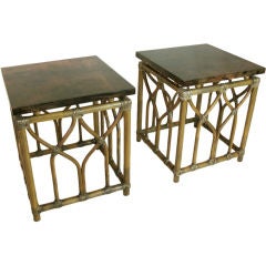 Pair of McGuire Rattan Tables with Aldo Tura Parchment Tops