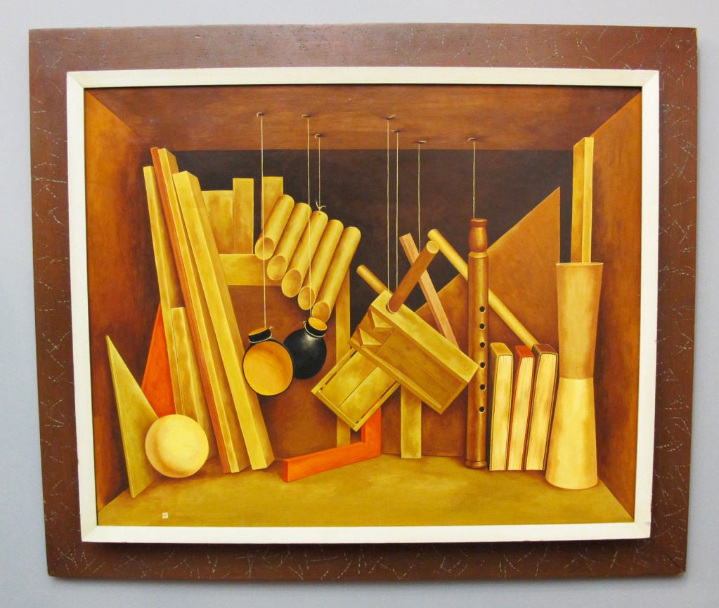 A nicely rendered trompe l'oeil tempera painting on board by Kennard M. Harris.  The work is titled Woodwork on verso of frame.  Also, retains  Hammer Galleries, New York, stamp and partial label from another gallery.  Signed with artist's monogram.