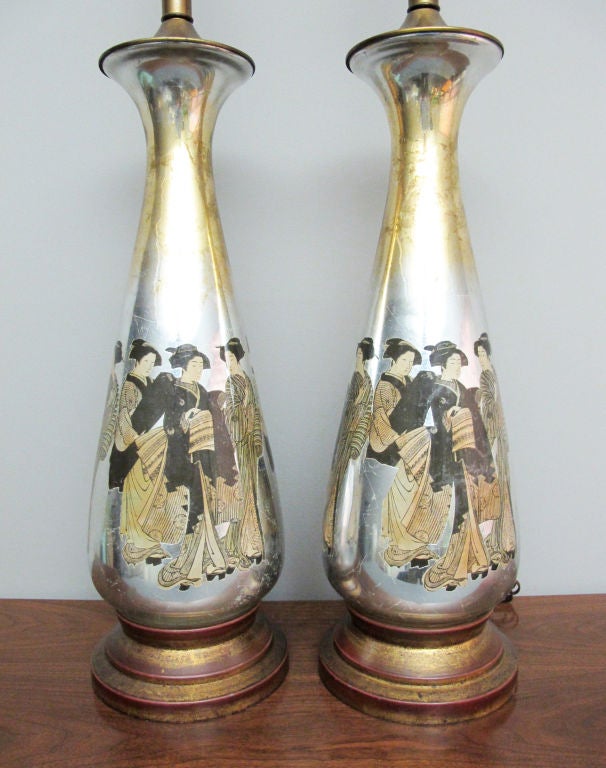 Plated Pair of Monumental Asian Motif Eglomise Lamps For Sale