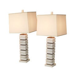 Pair of Italian Marble and Walnut Architectural Lamps