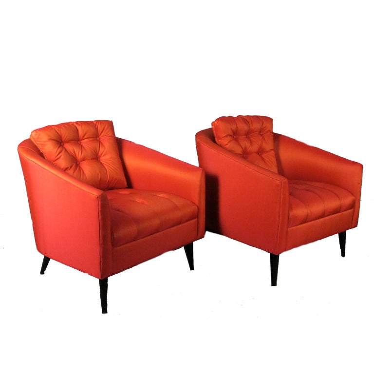 Pair of Elegant Mid Century Tufted Lounge Chairs at 1stdibs