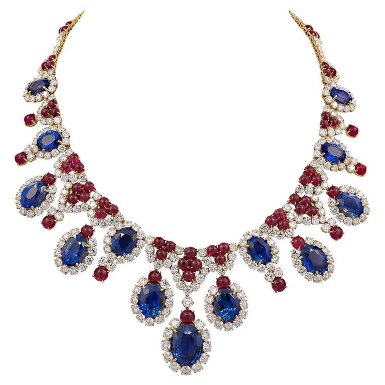 Bulgari Diamond Sapphire Ruby Fringe Necklace For Sale
